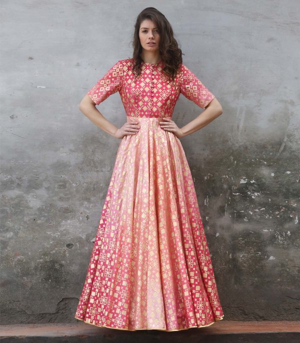 Peach pink ombre ikat printed gown