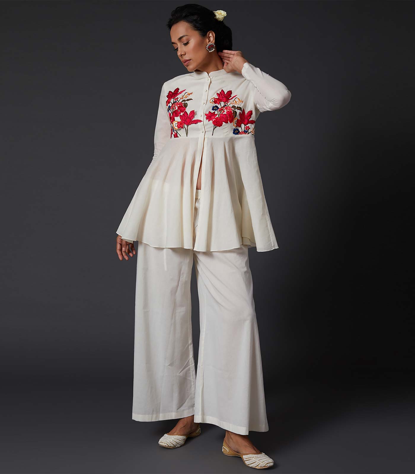 Red Golden Embroidered Palazzo Pants Suit