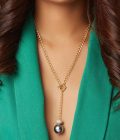 Gold Polish Lariat Necklace With Grey Pearl - Image 3