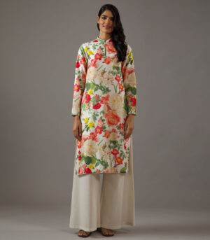 Chanderi silk ivory floral printed tunic set