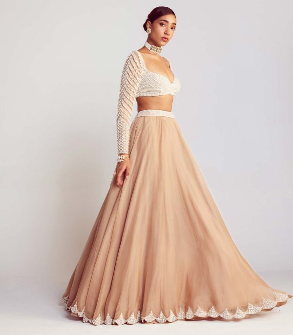 Beige pearl embellished lehenga set