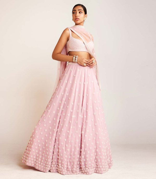 Powder pink pearl flower lehenga set - Image 2