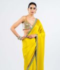 Moss green satin chiffon saree with metallic blouse - Image 3
