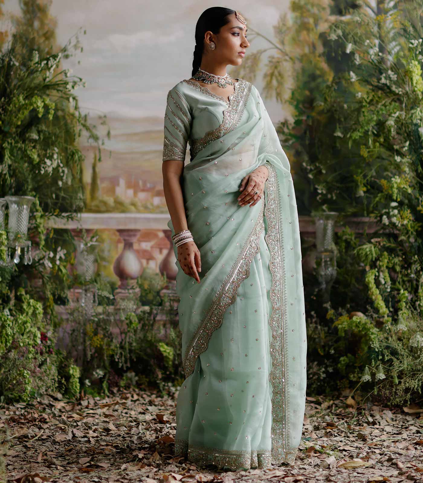 Mehreen pirzadaa in Sage green glass beed saree – Sawan Gandhi Online Store