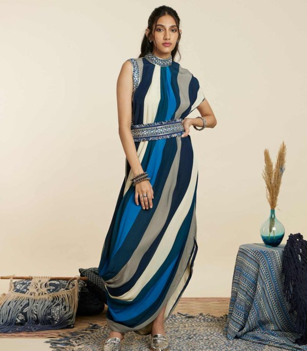 Blue stripe drape dress with belt