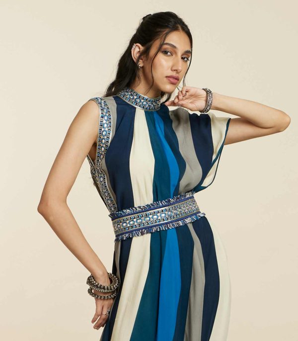 Blue stripe drape dress with belt - Image 3