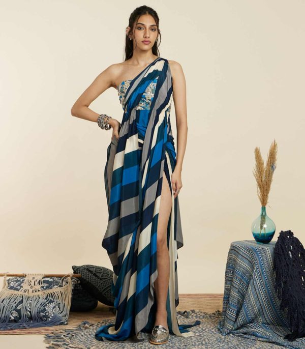 Blue stripe print saree gown set