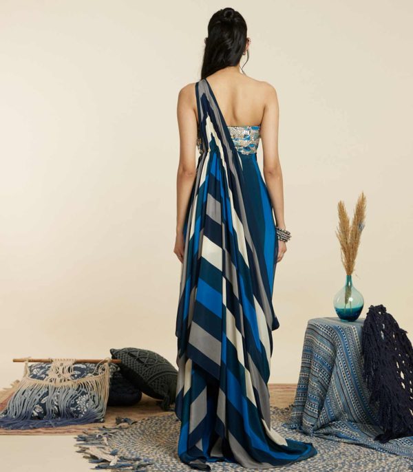 Blue stripe print saree gown set - Image 2