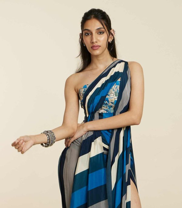 Blue stripe print saree gown set - Image 3