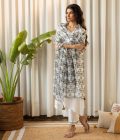 White Suit set with Printed organza dupatta-Blue