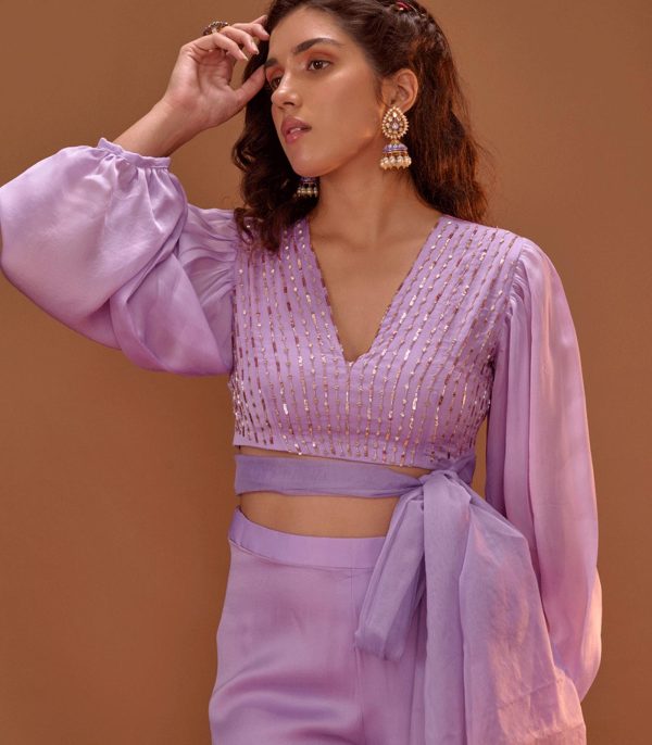 LILAC  CROP TOP WITH PALAZO AND ORGANZA TIE UP - Image 2