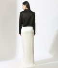 Black Embroidered Blazer with White Draped Skirt - Image 2