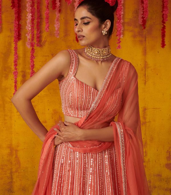 Coral Embroidered Lehenga Set - Image 3