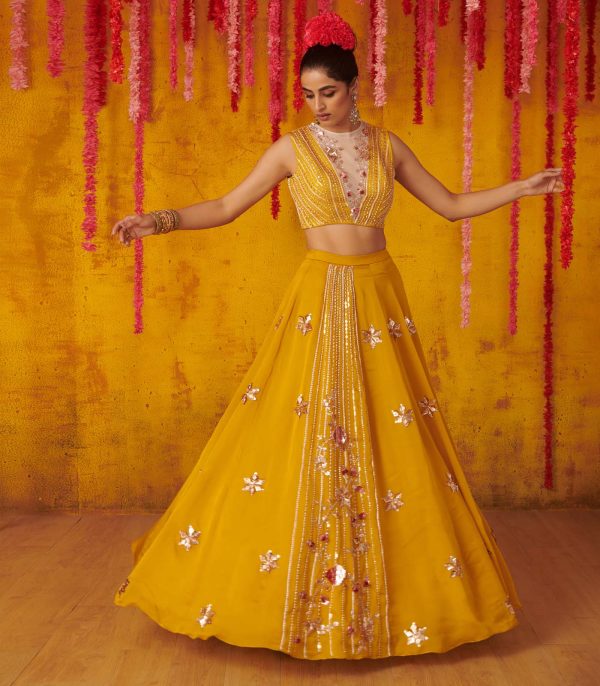 Mustard Embroidered Paneled Lehenga Set - Image 3