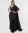 Black Silk Ruffled Saree Set