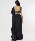 Black Silk Ruffled Saree Set - Image 2