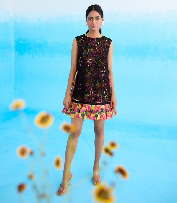 Black vintage rose printed short dress