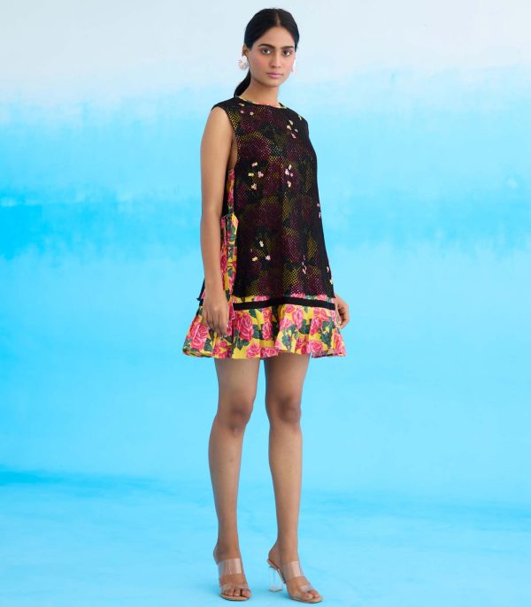Black vintage rose printed short dress - Image 3