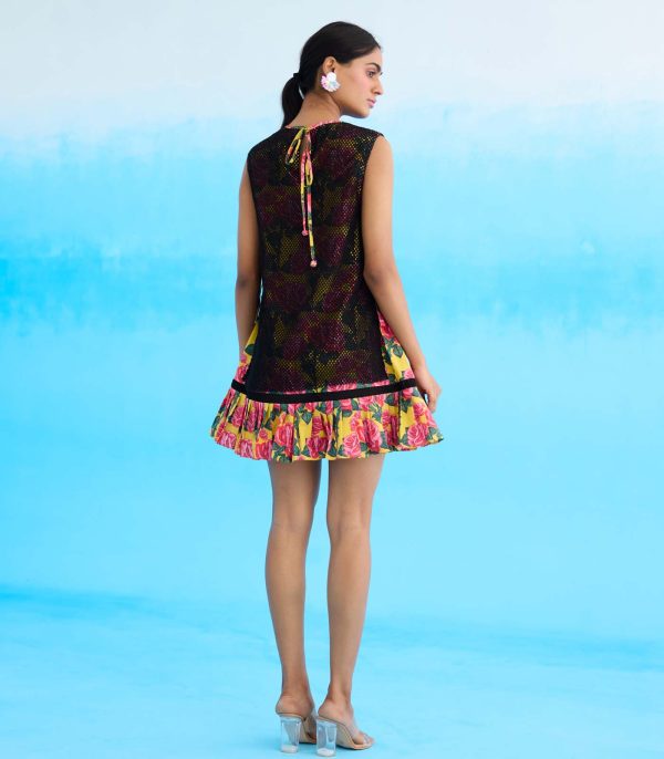 Black vintage rose printed short dress - Image 2