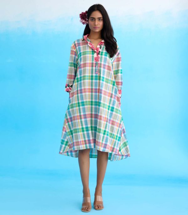 Blue madras checks a-line dress