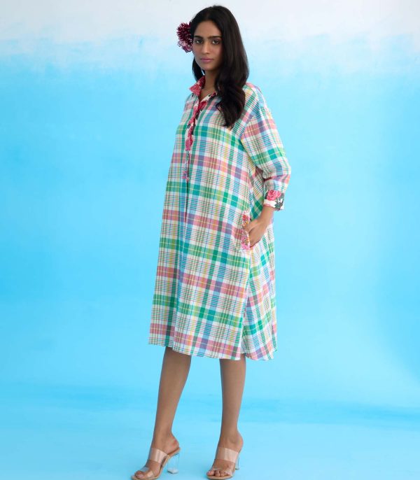 Blue madras checks a-line dress - Image 2