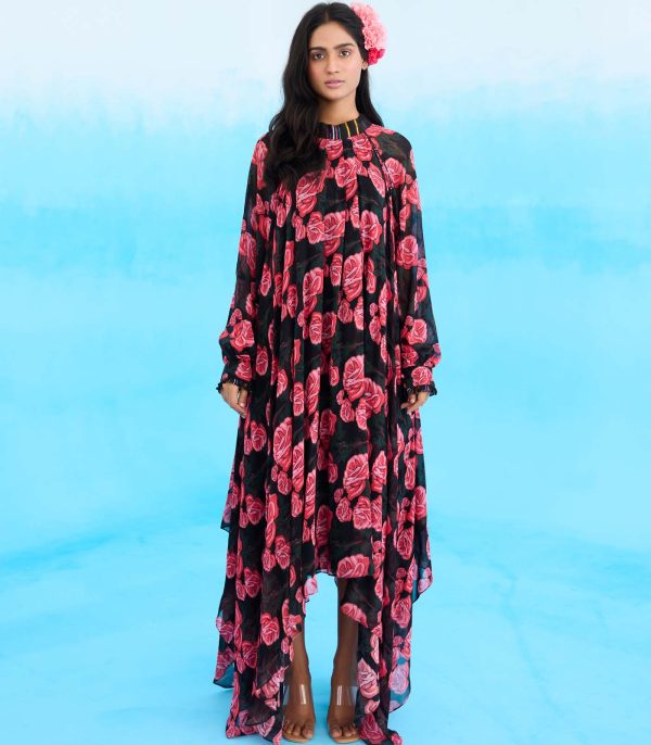 Black rose asymmetrical dress