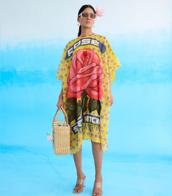 Yellow big rose short kaftan