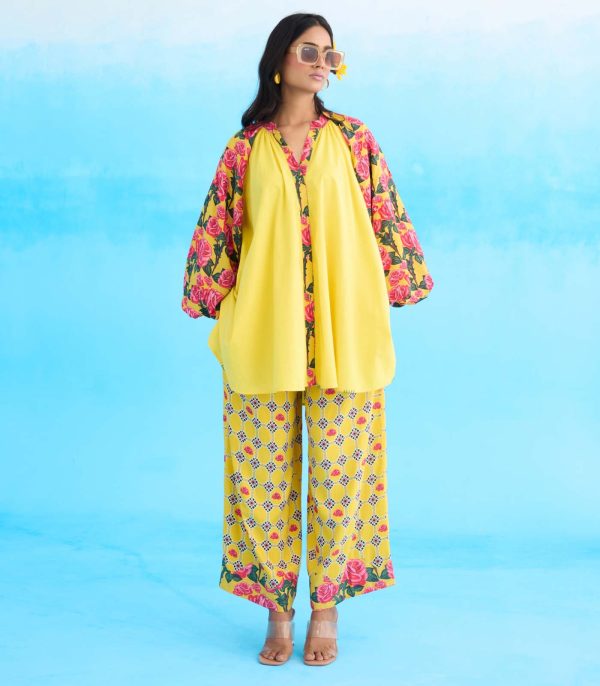 Yellow vintage rose printed shirt set