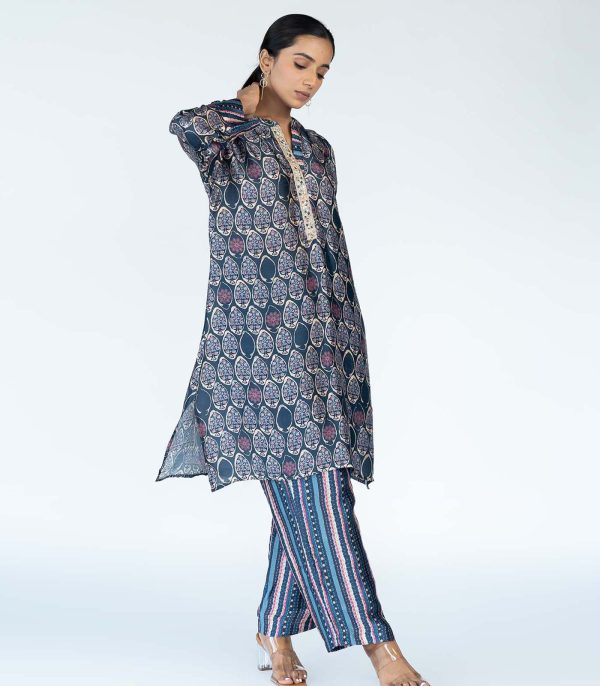 Navy Blue Coord Mughal Boota Set - Image 2