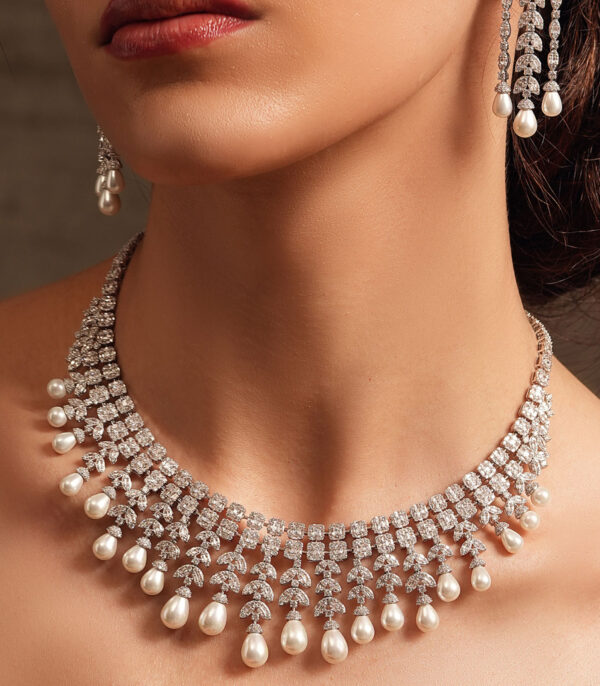 Pearl Cascade Diamond Necklace Set - Image 2