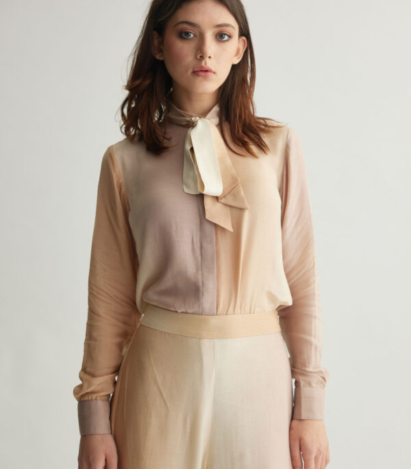 OFF WHITE & BEIGE OMBRE PRINT BOW SHIRT - Image 4