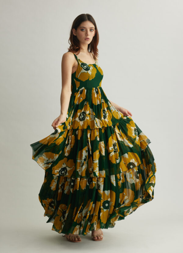GREEN AND MUSTARD FLORAL SLEEVELESS LONG DRESS - Image 3