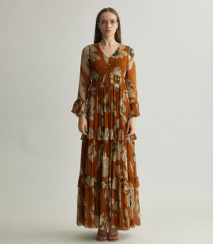 RUST AND BEIGE FLORAL LONG DRESS