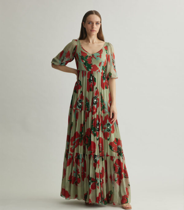 BEIGE, RED AND GREEN FLORAL DRESS