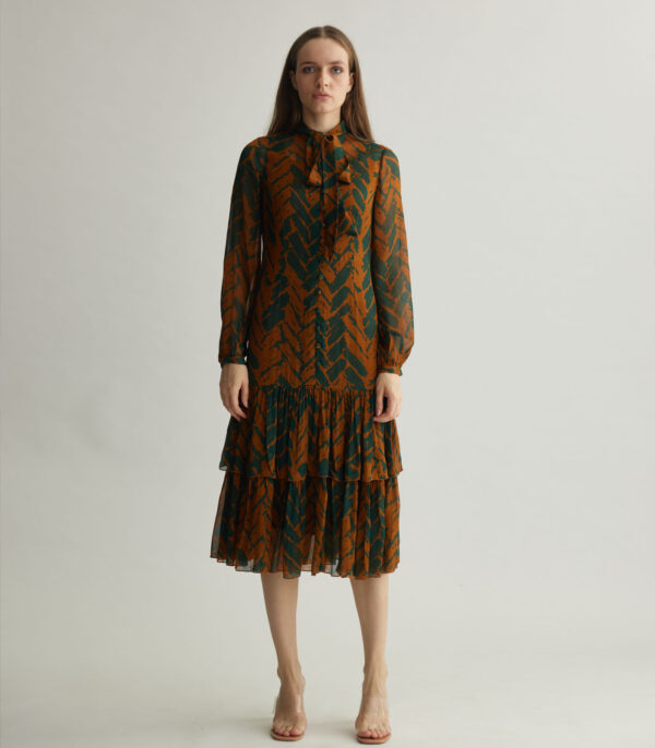 RUST AND GREEN CHEVRON PRINT MIDI DRESS