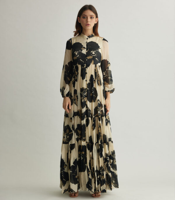WHITE AND BLACK FLORAL LONG DRESS
