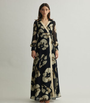 BLACK AND WHITE FLORAL WRAP DRESS