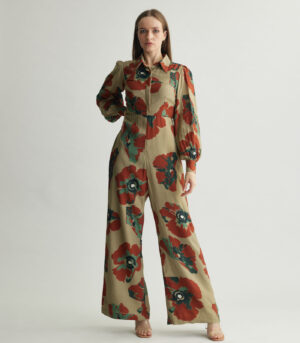 BEIGE, ORANGE AND GREEN FLORAL JUMPSUIT