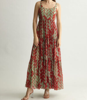 MINT AND RED CHEVRON SLEEVELESS LONG DRESS