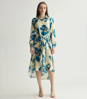 WHITE & BLUE FLORAL WRAP SHIRT DRESS