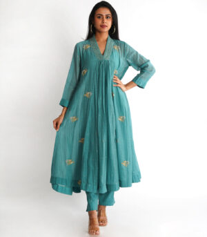 Teal green collar kurta set
