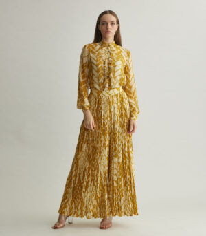 BEIGE AND MUSTARD CHEVRON PRINT FRILL SHIRT