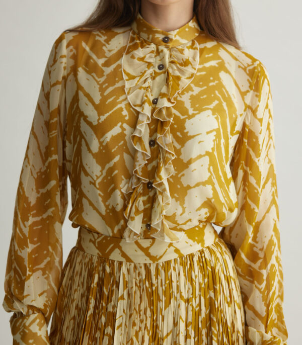 BEIGE AND MUSTARD CHEVRON PRINT FRILL SHIRT - Image 3