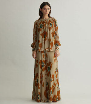BEIGE AND RUST FLORAL PLEATED TOP
