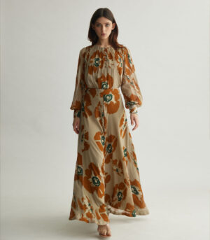 BEIGE AND RUST FLORAL FLARED PANTS