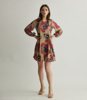 BEIGE, PINK AND GREEN FLORAL SHIRT DRESS