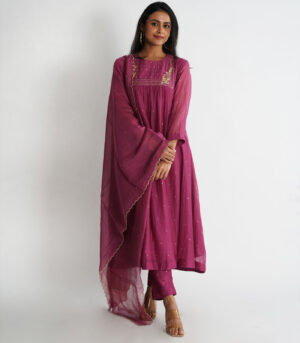 Magenta short Yoke Kurta Set