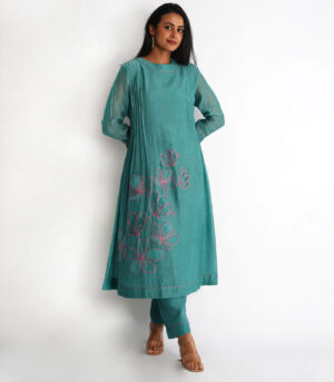 Teal Green multipleated Kurta set