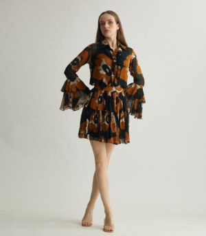 BLACK AND RUST FLORAL FRILL TOP