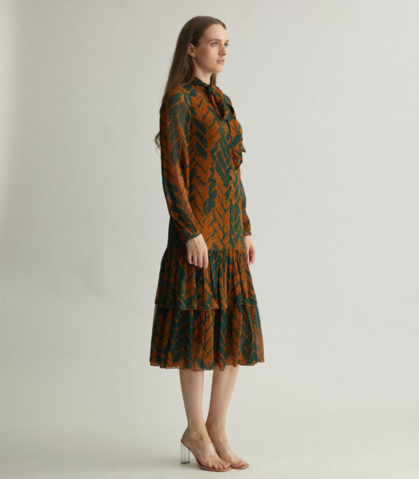 RUST AND GREEN CHEVRON PRINT MIDI DRESS - Image 2
